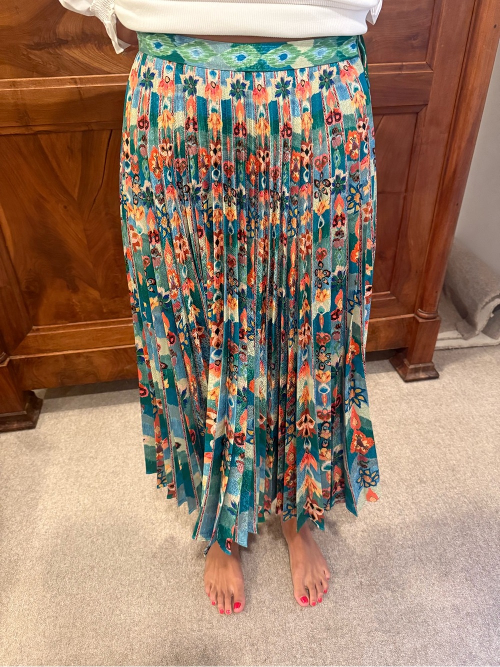 SALONI Teal Floral Pleated Midi Skirt